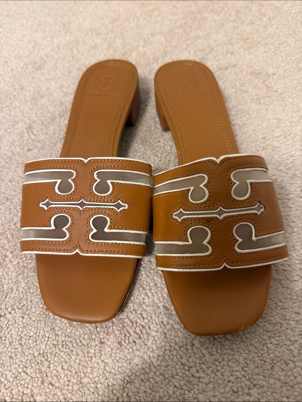 Tory Burch Cognac Leather Slide Mules with White Trim size 7.5